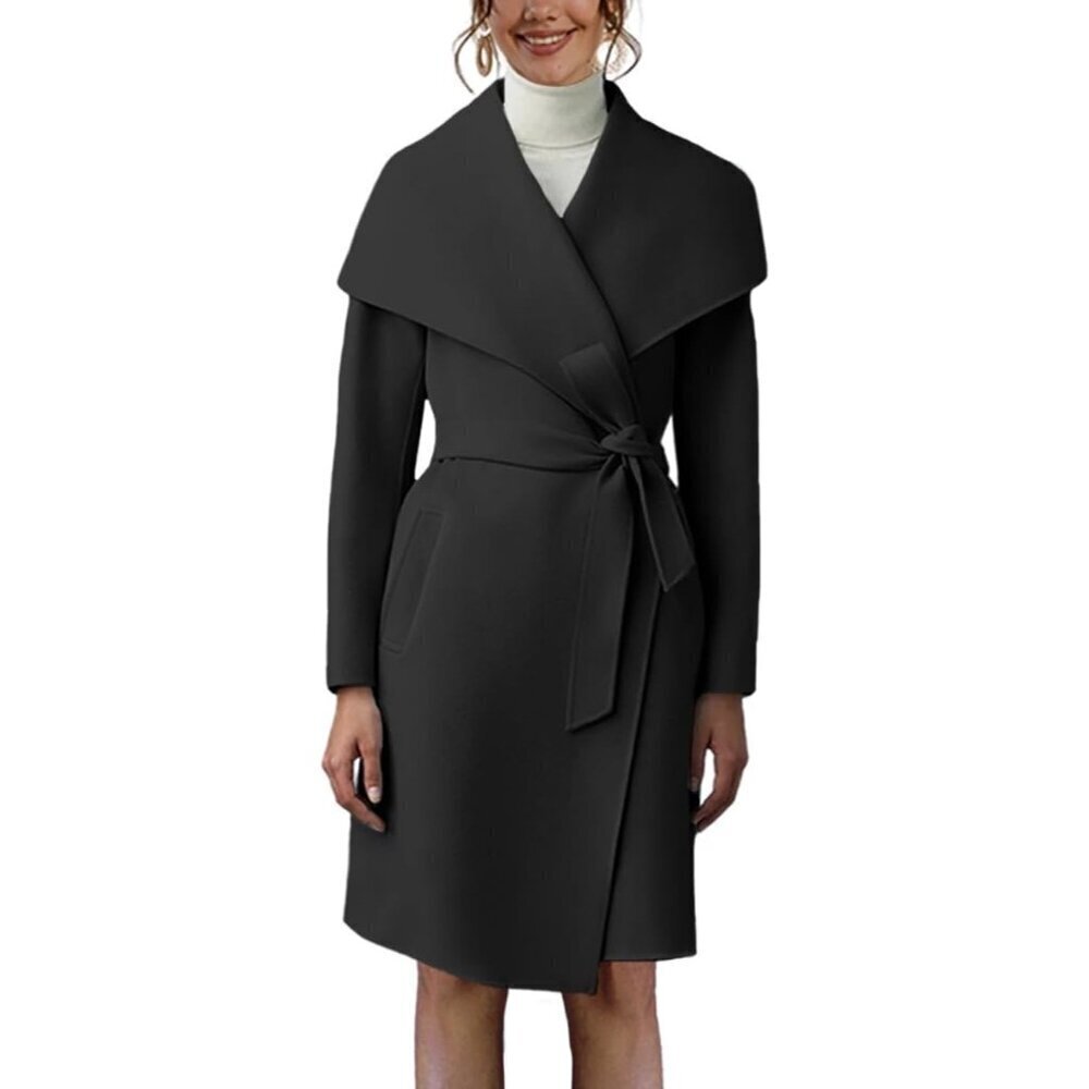🆕Women's Black Pea Long Jacket Open Front Belted Overcoat with Trench Coat